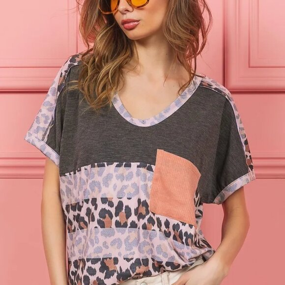 BiBi Leopard Stripe with‎ Slub Terry Color Block T-Shirt - Picture 2 of 8